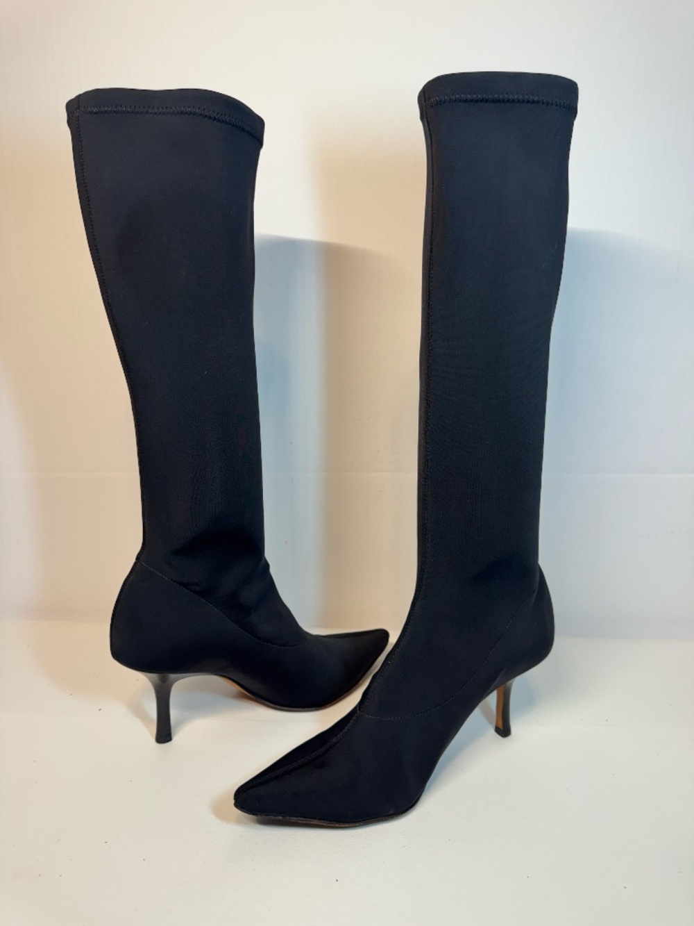 Anne Klein New York Black Stretch Knee High Kitten Heel Boots Size 8M